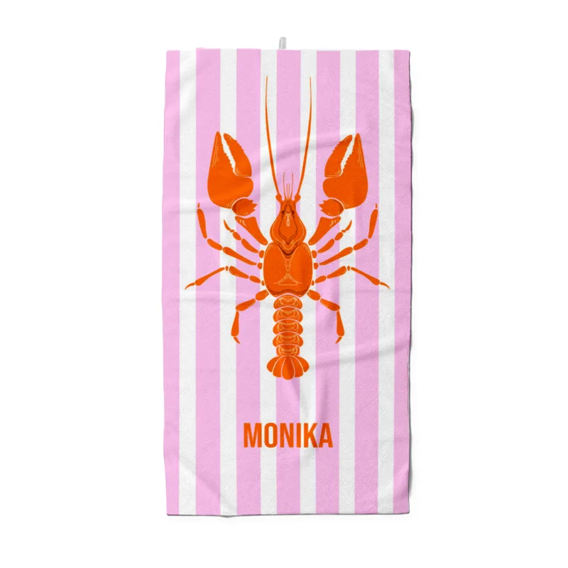 Badetuch pink gestreift mit Hummer - mit Namen personalisierbar - personalisiertes Namens-Badetuch - Strandtuch mit Wunschtext - Lobster pink