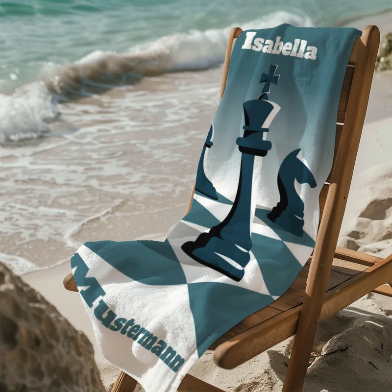 Badetuch Schach - mit Namen personalisierbar - personalisiertes Namens-Badetuch - Strandtuch mit Wunschtext - Schachfiguren König