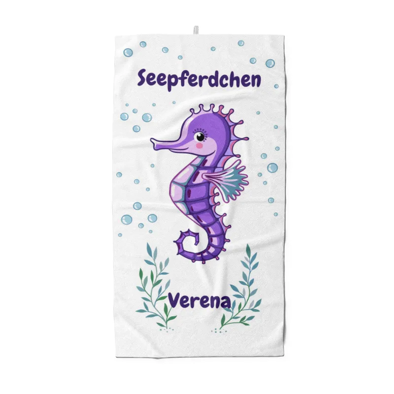 Badetuch mit Namen personalisierbar - personalisiertes Namens-Badetuch - Strandtuch mit Wunschtext - Seepferdchen lila