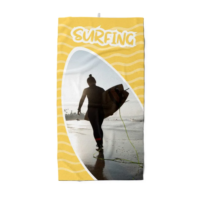 Strandtuch gelb im Surfbrett-Look - mit Foto personalisierbar - Foto-Badetuch - Geschenkidee Surfer Surfing