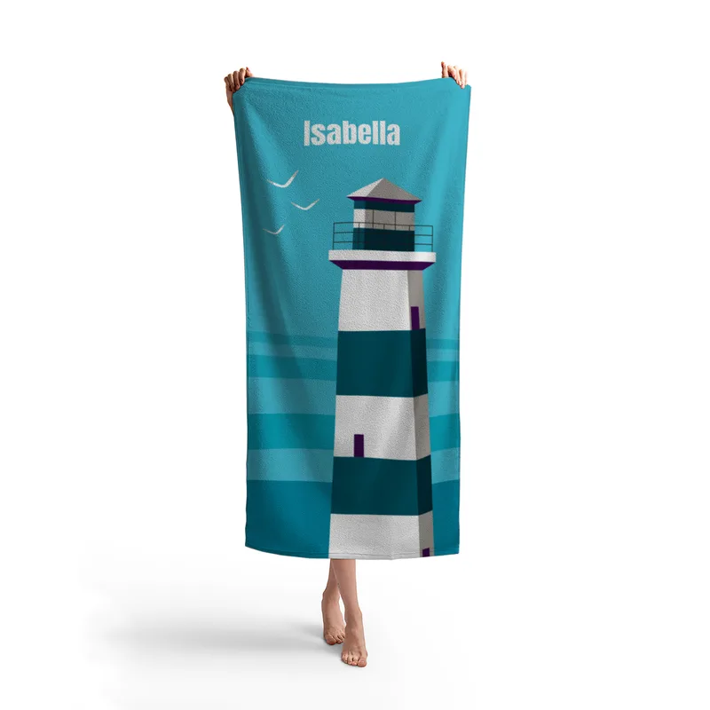Badetuch Sommer - mit Namen personalisierbar - personalisiertes Namens-Badetuch - Strandtuch mit Wunschtext - Leuchtturm