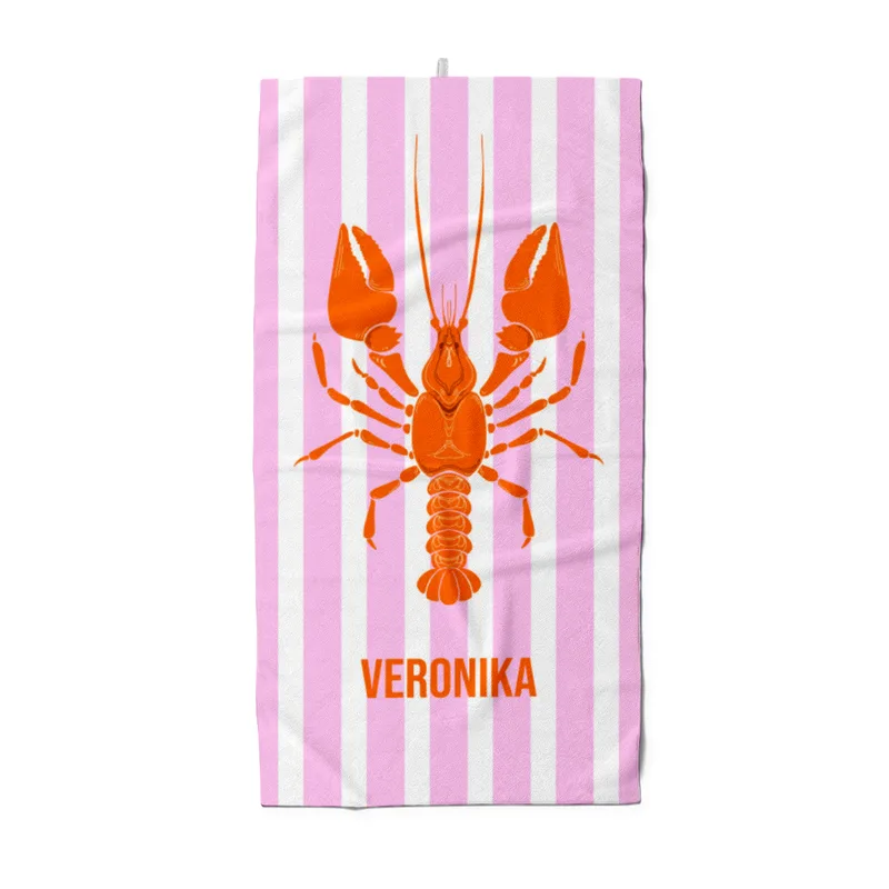Duschtuch pink gestreift mit Hummer - mit Namen personalisierbar - personalisiertes Namensduschtuch - Lobster pink