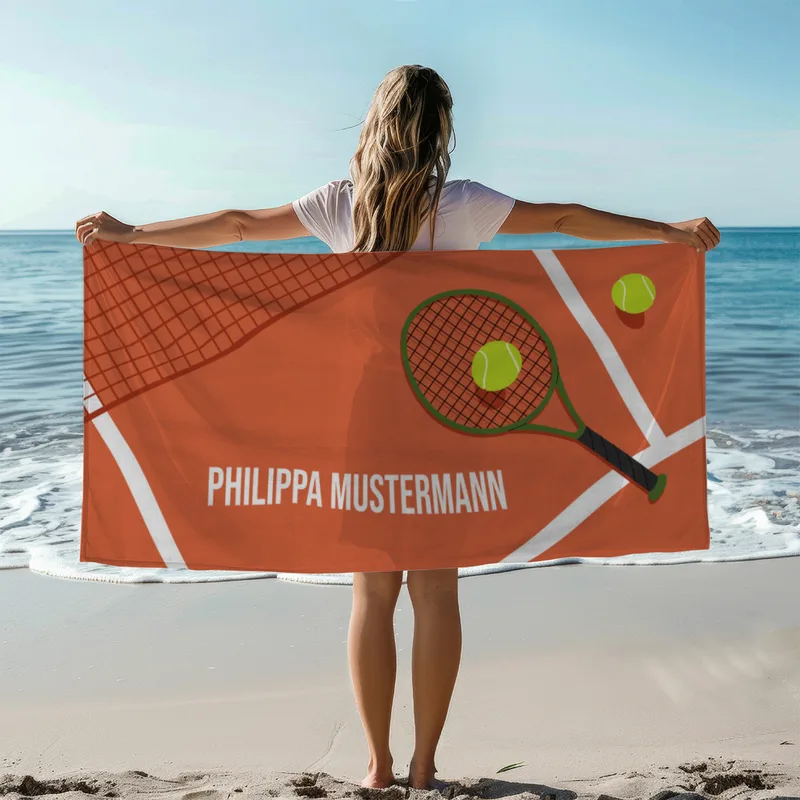 Badetuch Sport - mit Namen personalisierbar - personalisiertes Namens-Badetuch - Strandtuch mit Wunschtext - Tennis orange
