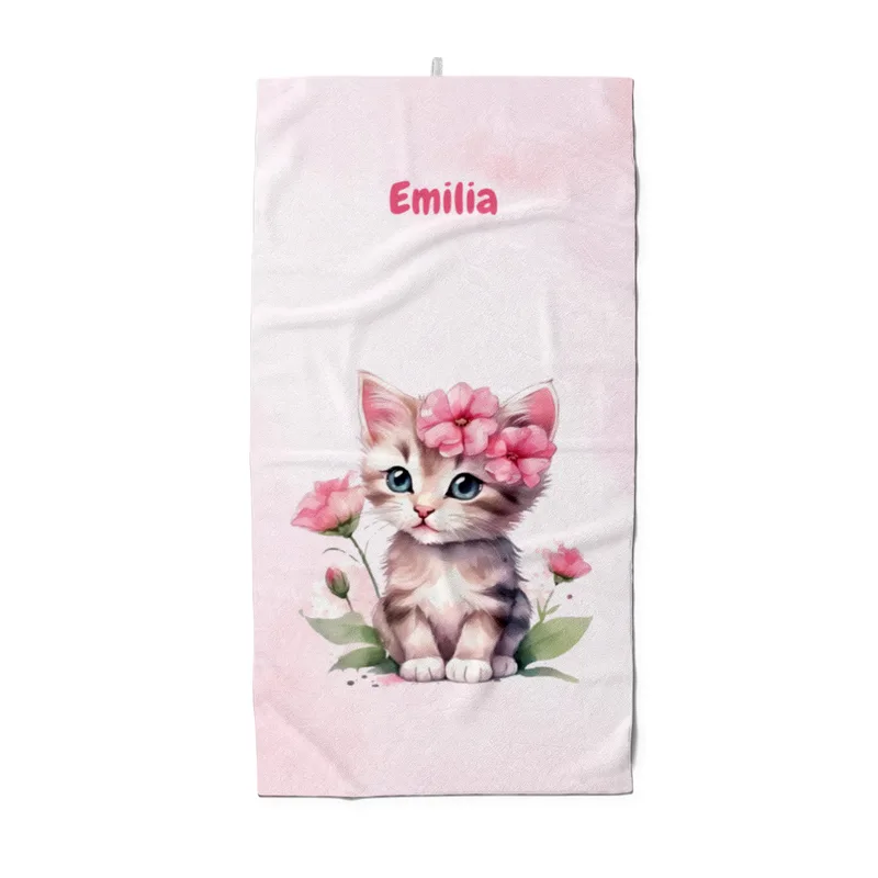 Duschtuch mit Namen personalisierbar - personalisiertes Namens-Duschtuch mit Wunschtext - Katze rosa