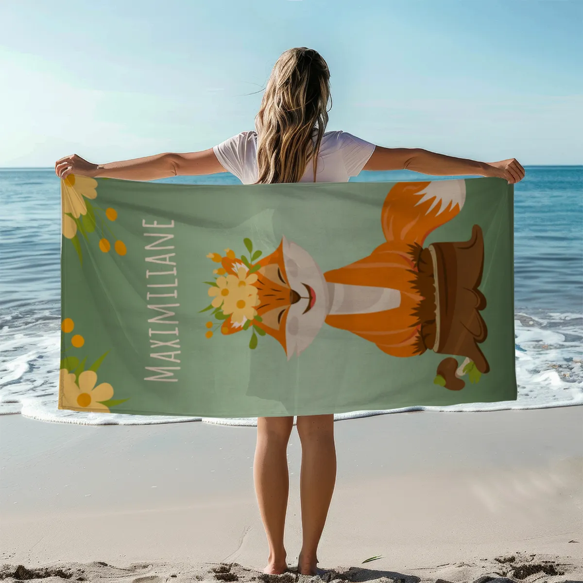 Badetuch Waldtiere mit Namen personalisierbar - personalisiertes Namens-Strandtuch - Kinderbadetuch mit Wunschtext - Fuchs