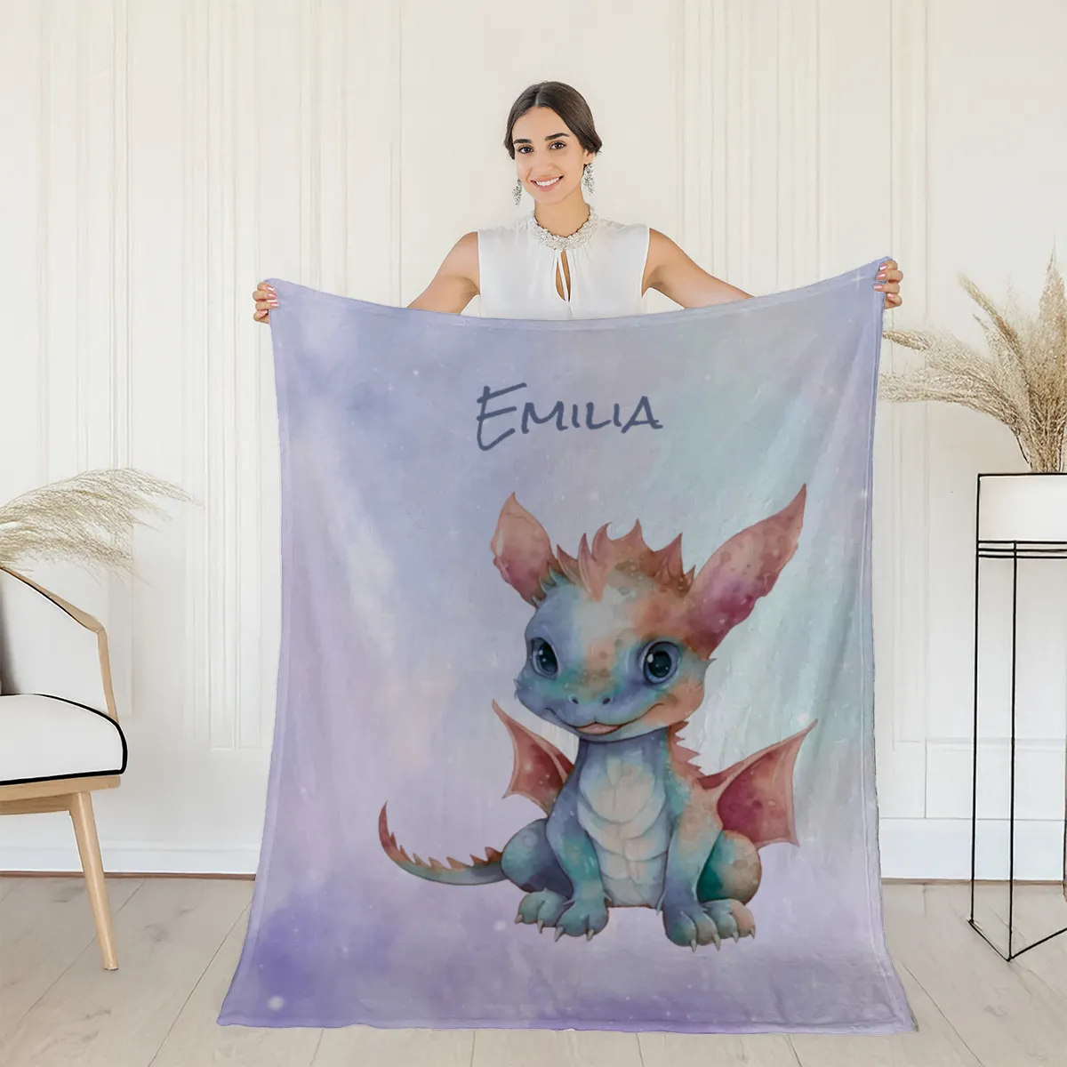 Wohndecke mit Namen personalisierbar, Kuscheldecke, Namensdecke mit Drachen, Geschenkidee Geburtstag Motiv Drache 1 140 x 200 cm