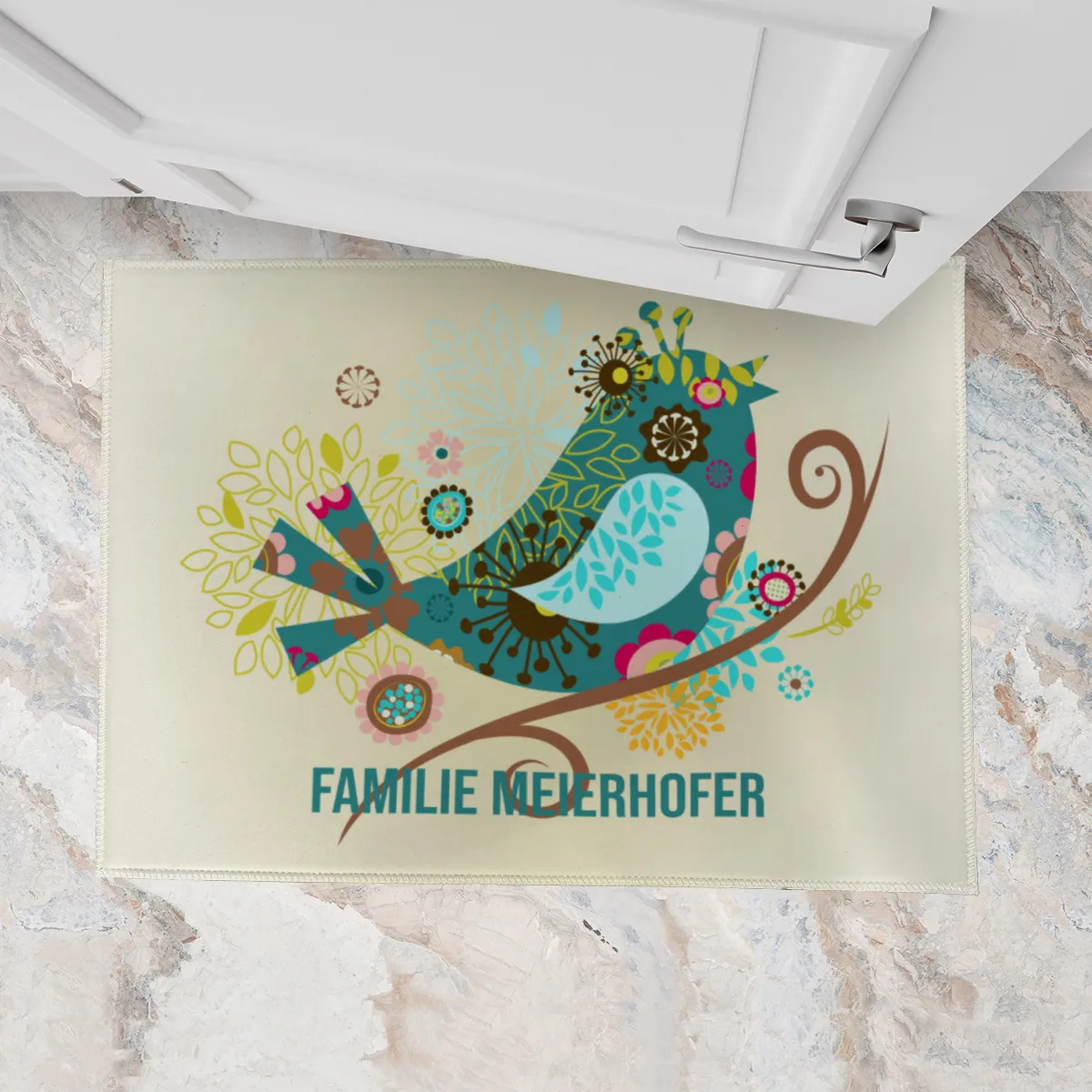 Fußmatte personalisiert Flowerbird - Geschenkidee für Familie, Paare, zum Einzug - Türvorleger mit Namen bedruckt Flowerbird 70 x 50 cm