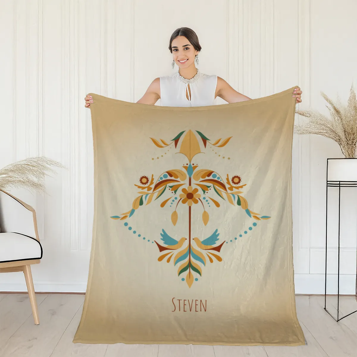 Sternzeichen Wohndecke Wassermann floral mit Namen personalisierbar