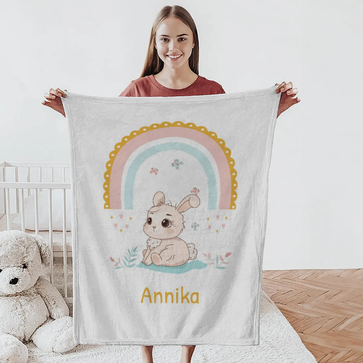 Babydecke Häschen mit Regenbogen - mit Namen personalisierbar Hase 75 x 100 cm