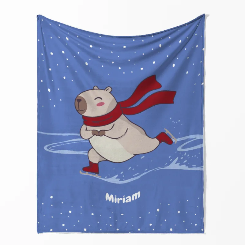 Wohndecke mit Namen personalisierbar, Kuscheldecke, niedliche Namensdecke mit Capybara, Geschenkidee Geburtstag Motiv Capy Wintermütze 140 x 200 cm