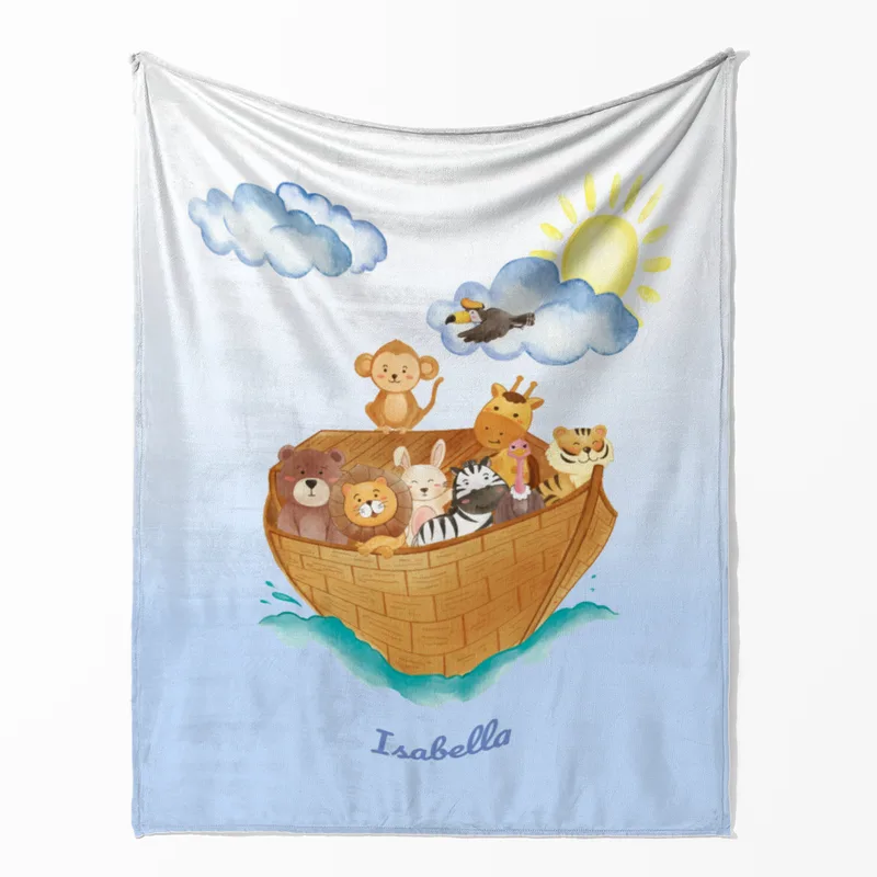 Wohndecke mit Namen personalisierbar, Kuscheldecke, Namensdecke mit niedlichem Tiermotiv, Geschenkidee Geburtstag Motiv Tiere Arche 140 x 200 cm