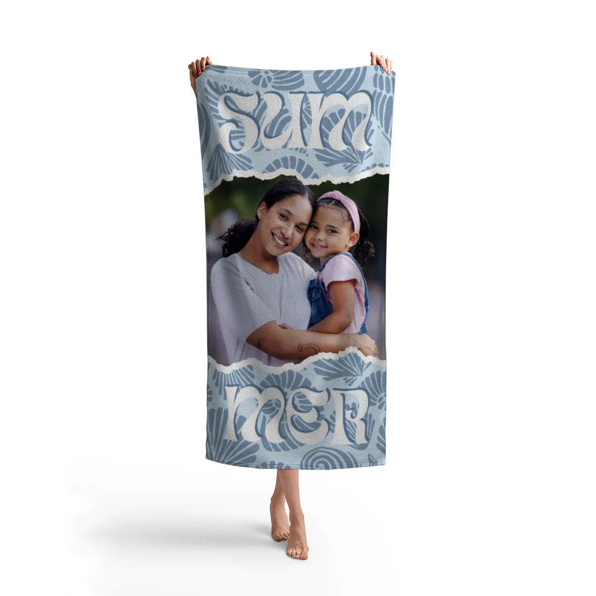 Strandtuch blau Sommer - mit Foto personalisierbar - Foto-Badetuch im Muscheldesign - Muscheln blau