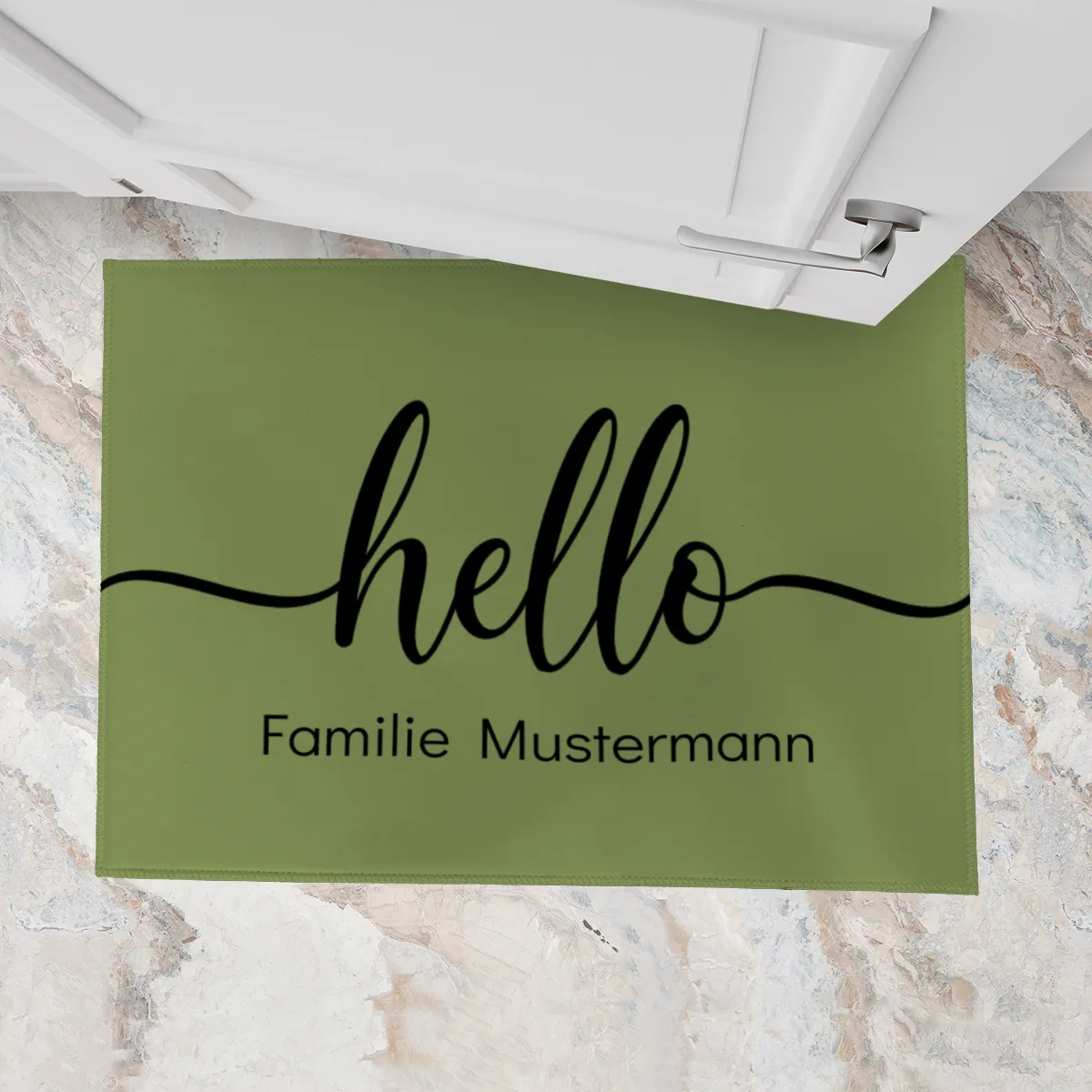 Fußmatte personalisiert - Geschenkidee für Familie, Paare, zum Einzug - Türvorleger mit Namen bedruckt - Motiv Hello grün 70 x 50 cm
