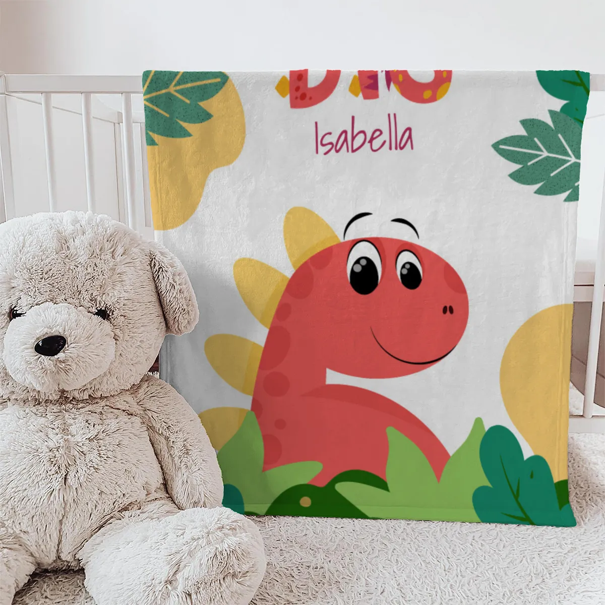 Wohndecke Dream big mit Namen personalisierbar, Kuscheldecke, Namensdecke mit niedlichem Dino, Geschenkidee Geburtstag Motiv Dino rot 140 x 200 cm