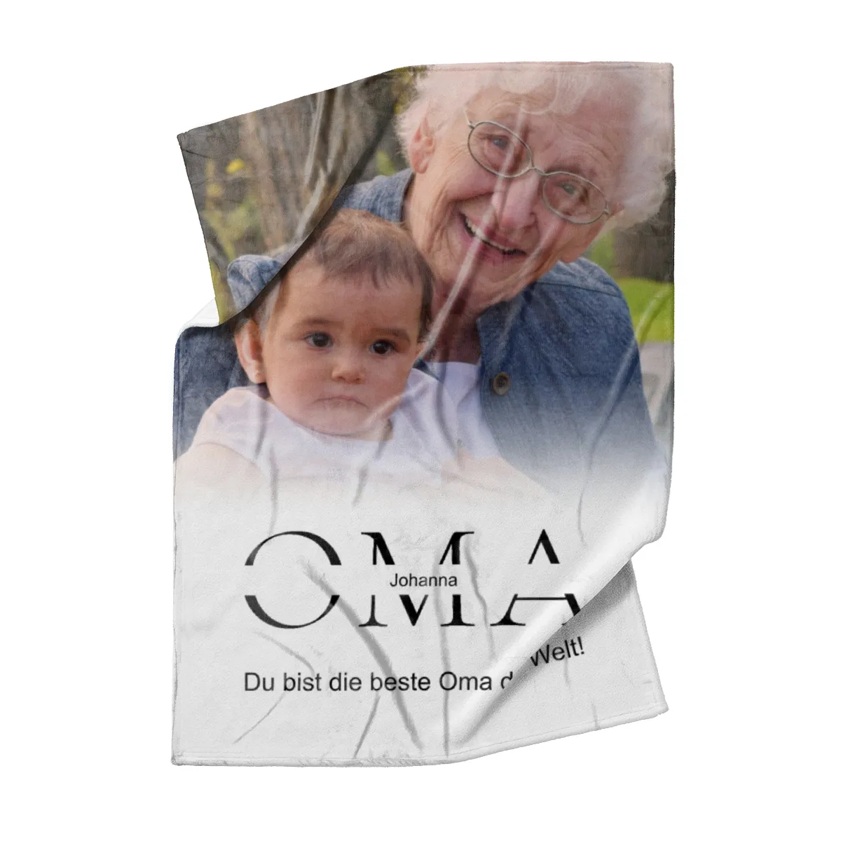 Kuscheldecke Oma 140 x 200 cm - mit Foto und 2 Texten personalisierbar - Fotodecke selbst gestalten - Geschenkidee Muttertag, Geburtstag OMA white