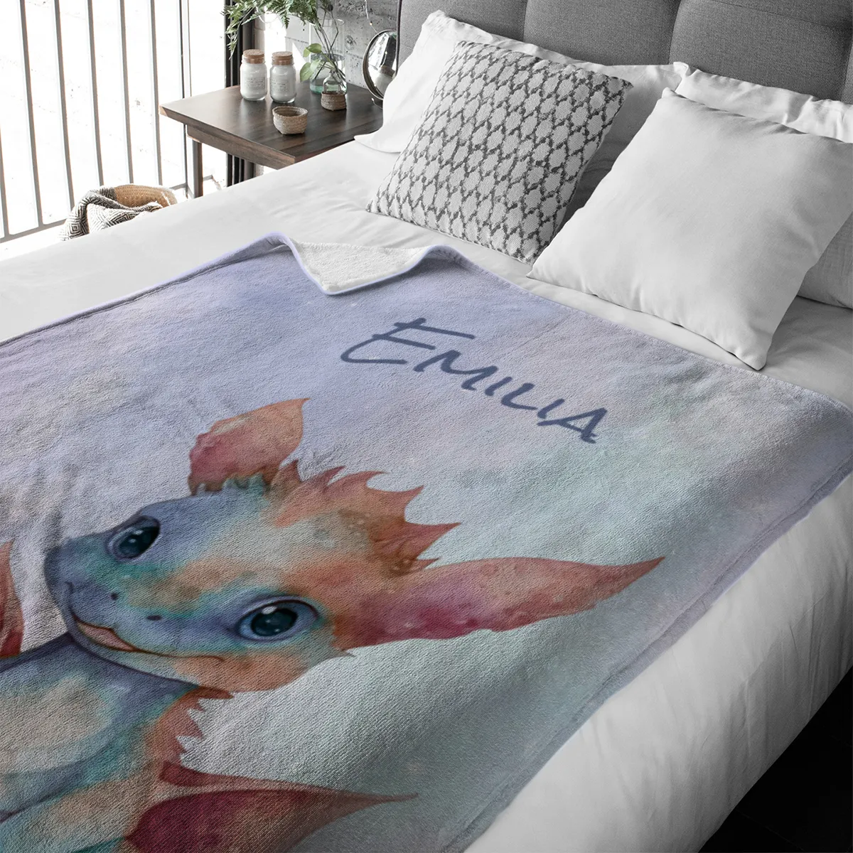 Wohndecke mit Namen personalisierbar, Kuscheldecke, Namensdecke mit Drachen, Geschenkidee Geburtstag Motiv Drache 1 140 x 200 cm