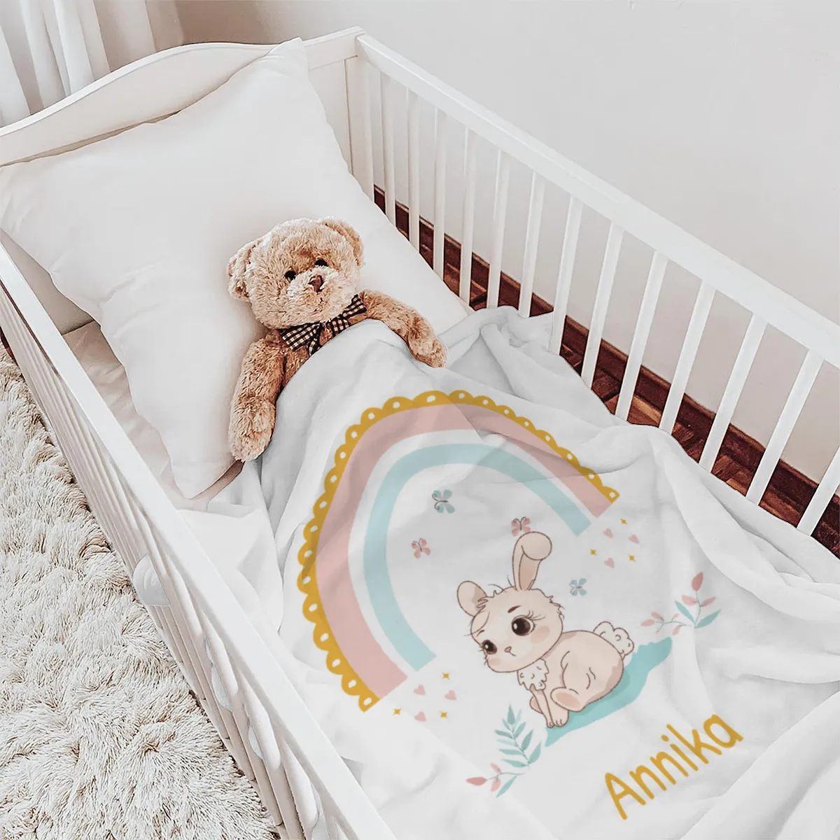 Babydecke Häschen mit Regenbogen - mit Namen personalisierbar Hase 75 x 100 cm