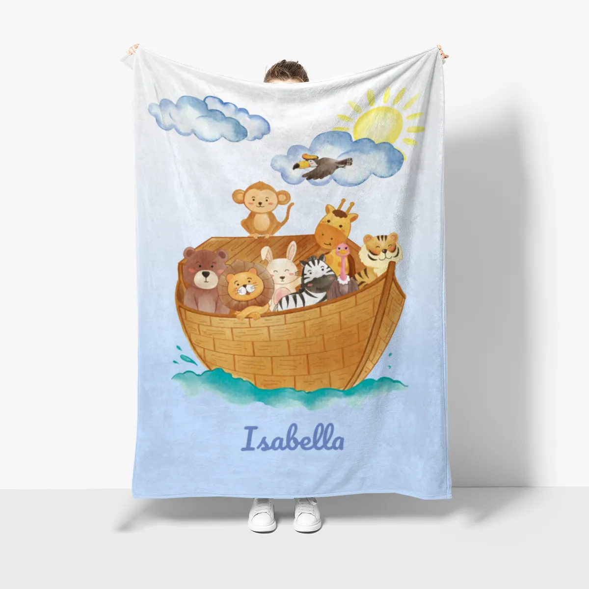 Wohndecke mit Namen personalisierbar, Kuscheldecke, Namensdecke mit niedlichem Tiermotiv, Geschenkidee Geburtstag Motiv Tiere Arche 140 x 200 cm
