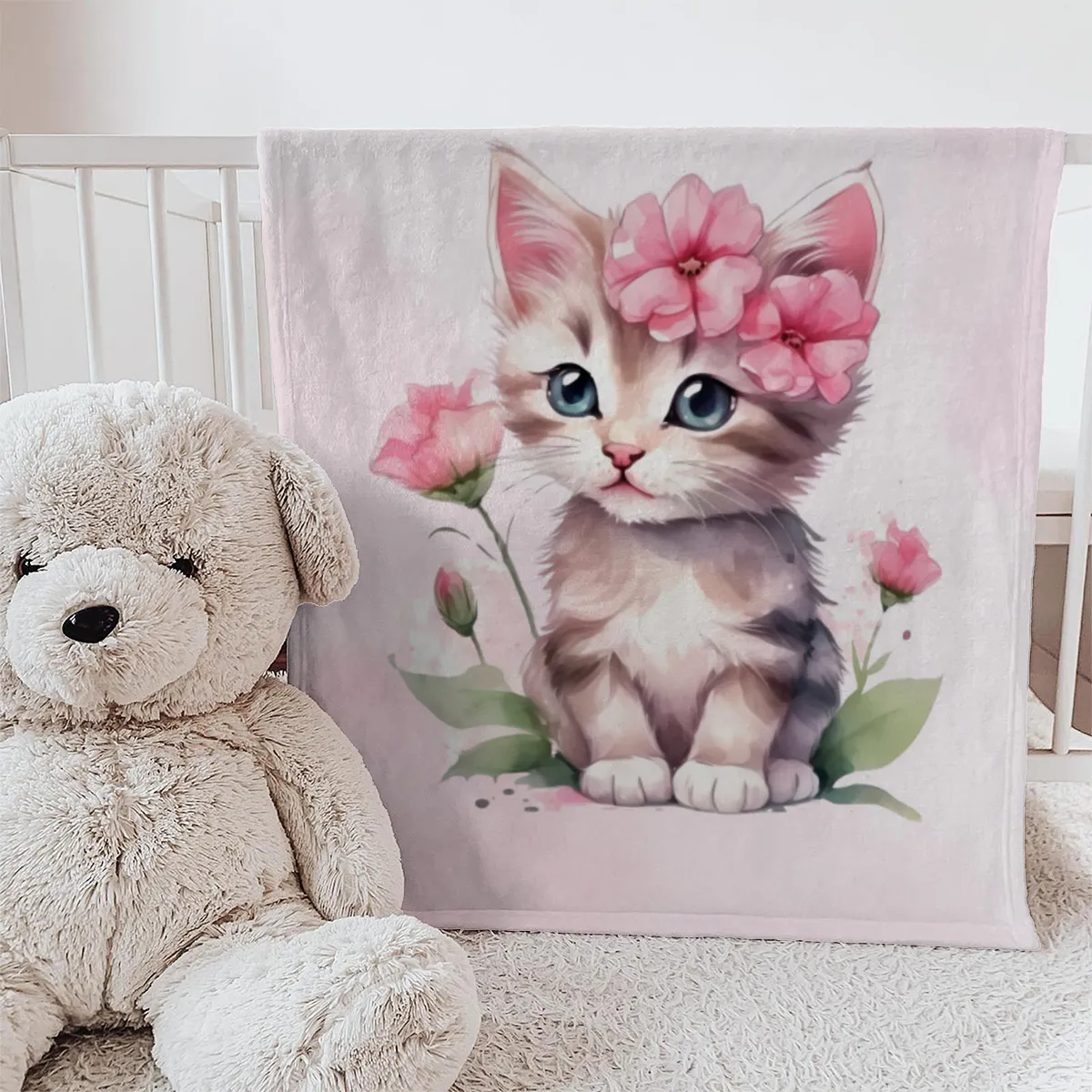 Wohndecke mit Namen personalisierbar, Kuscheldecke, Namensdecke mit süßem Kätzchen, Geschenkidee Geburtstag Motiv Katze rosa 140 x 200 cm