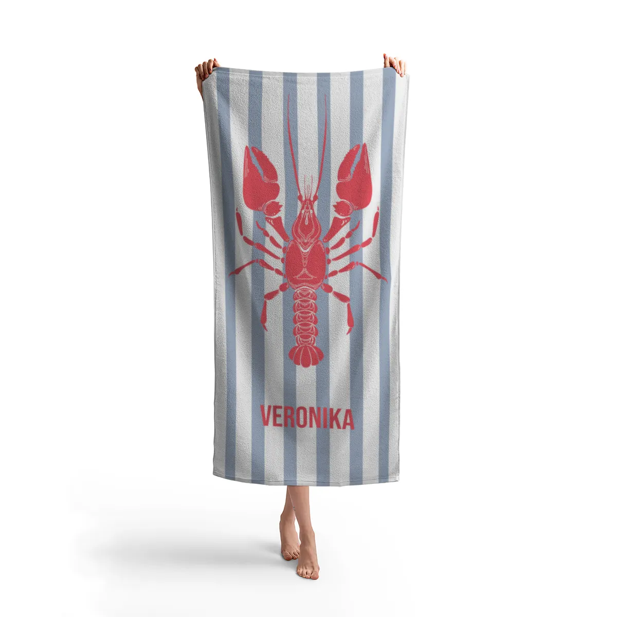 Badetuch blau gestreift mit Hummer - mit Namen personalisierbar - personalisiertes Namens-Badetuch - Strandtuch mit Wunschtext - Lobster blau
