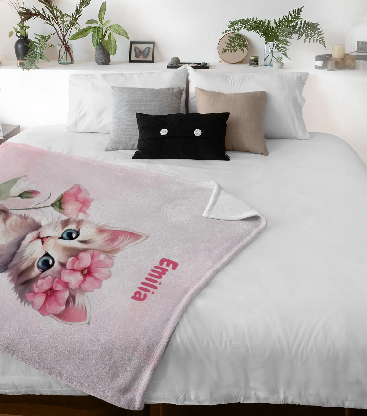Wohndecke mit Namen personalisierbar, Kuscheldecke, Namensdecke mit süßem Kätzchen, Geschenkidee Geburtstag Motiv Katze rosa 140 x 200 cm