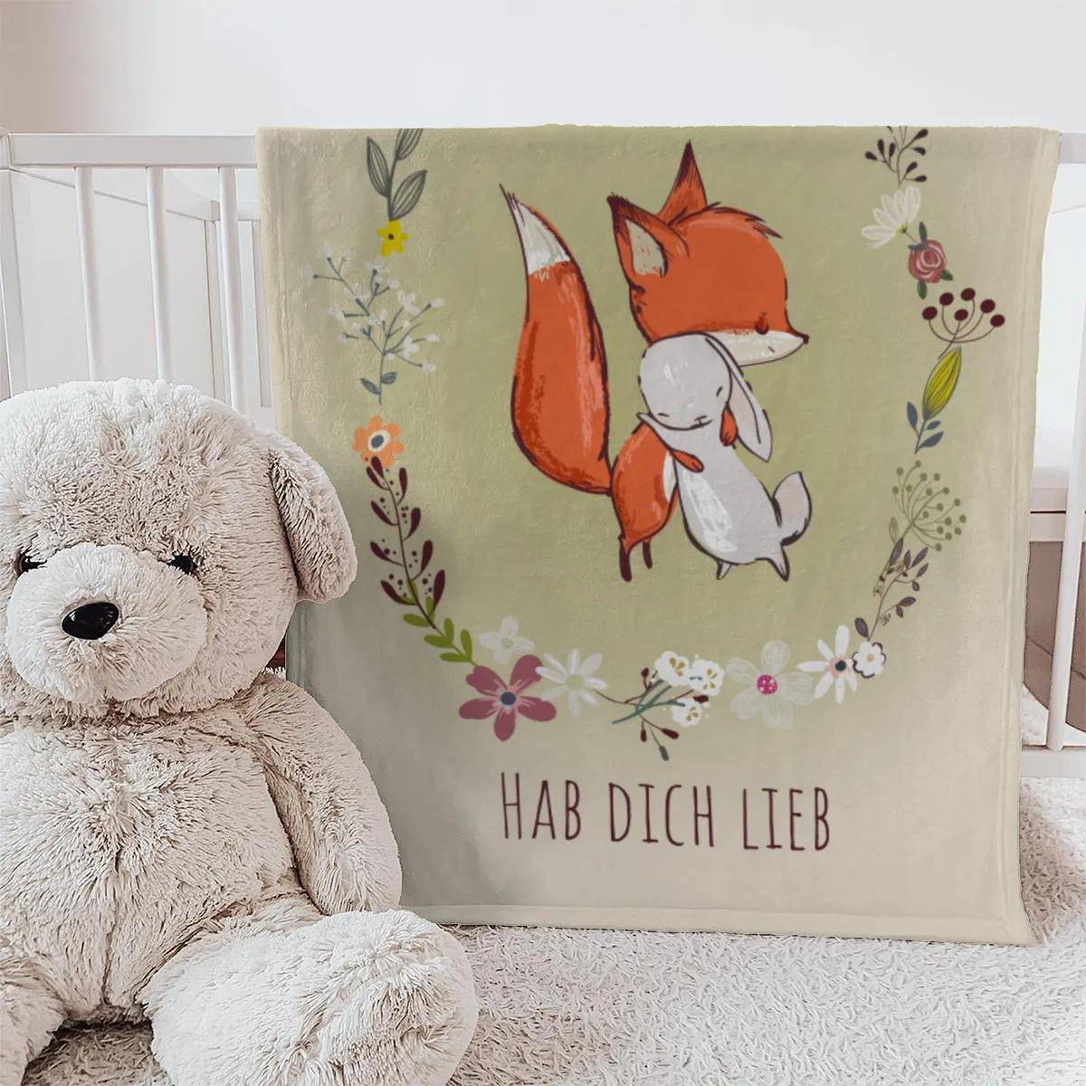 Babydecke mit Namen personalisierbar, Kuscheldecke, Namensdecke mit niedlichem Tiermotiv, Geschenkidee Geburtstag Motiv Fuchs und Hase 75 x 100 cm
