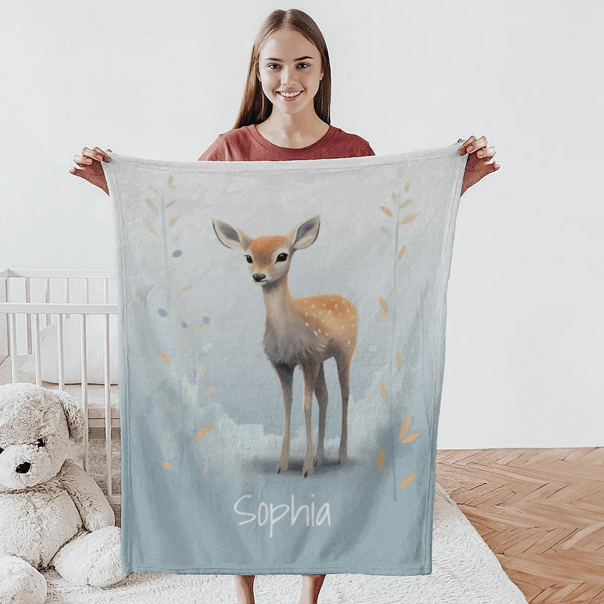 Personalisierte Kuscheldecke Rehkitz - Kuscheldecke mit Namen und niedlichem Rehkitz - Kuscheldecke 75 x 100 cm mit Namen personalisierbar - Geschenkidee Weihnachten Rehkitz 75 x 100 cm