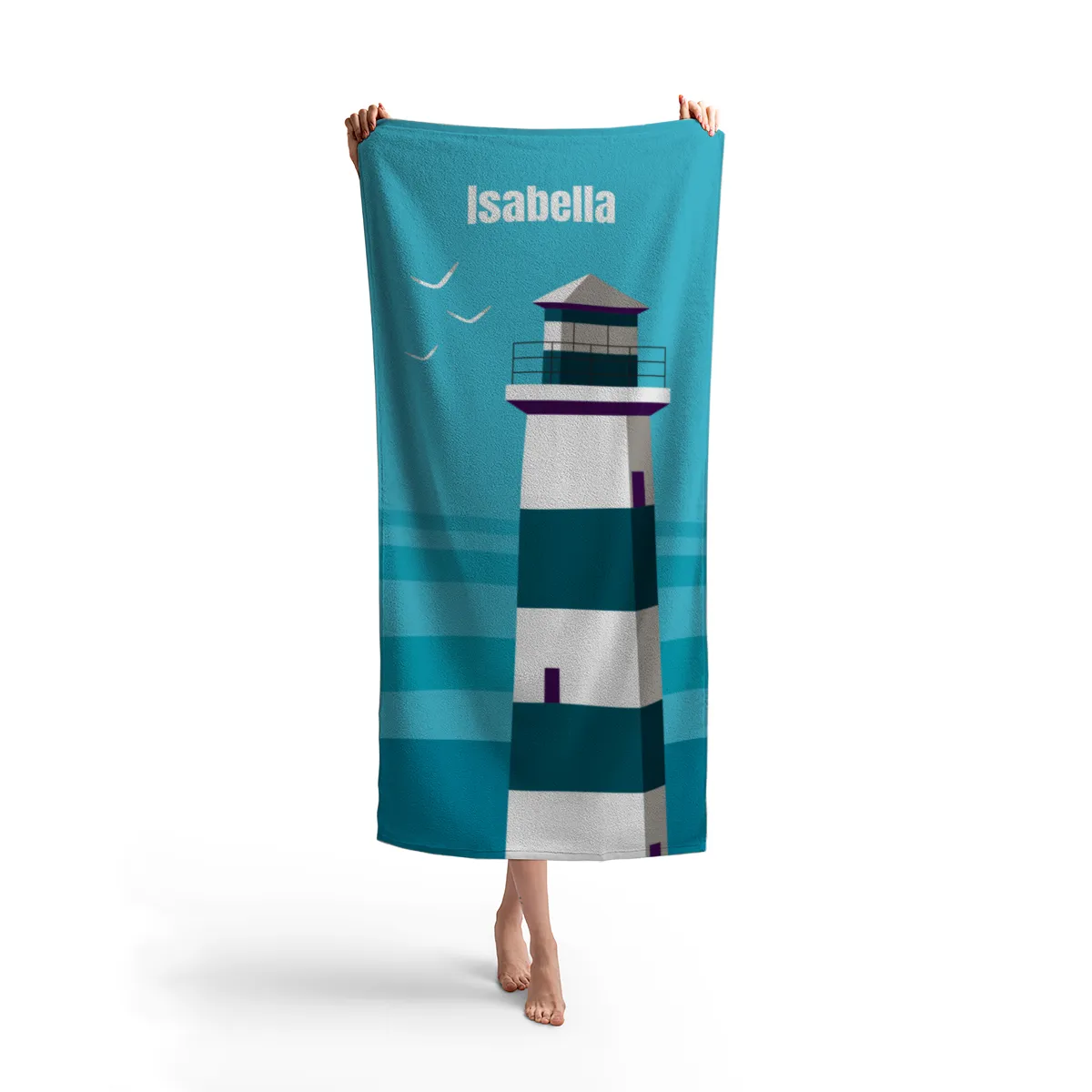 Badetuch Sommer - mit Namen personalisierbar - personalisiertes Namens-Badetuch - Strandtuch mit Wunschtext - Leuchtturm