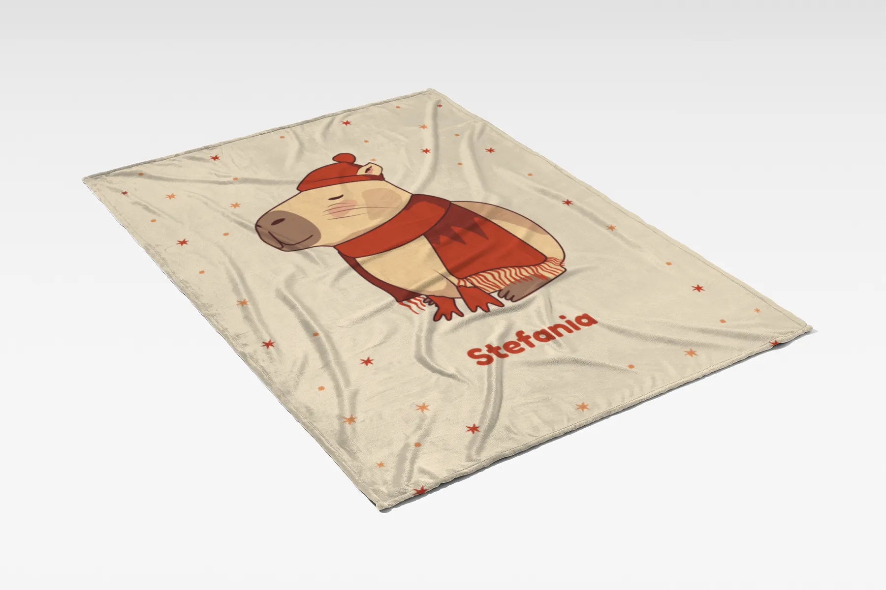 Wohndecke mit Namen personalisierbar, Kuscheldecke, niedliche Namensdecke mit Capybara, Geschenkidee Geburtstag Motiv Capy Wintermütze 140 x 200 cm