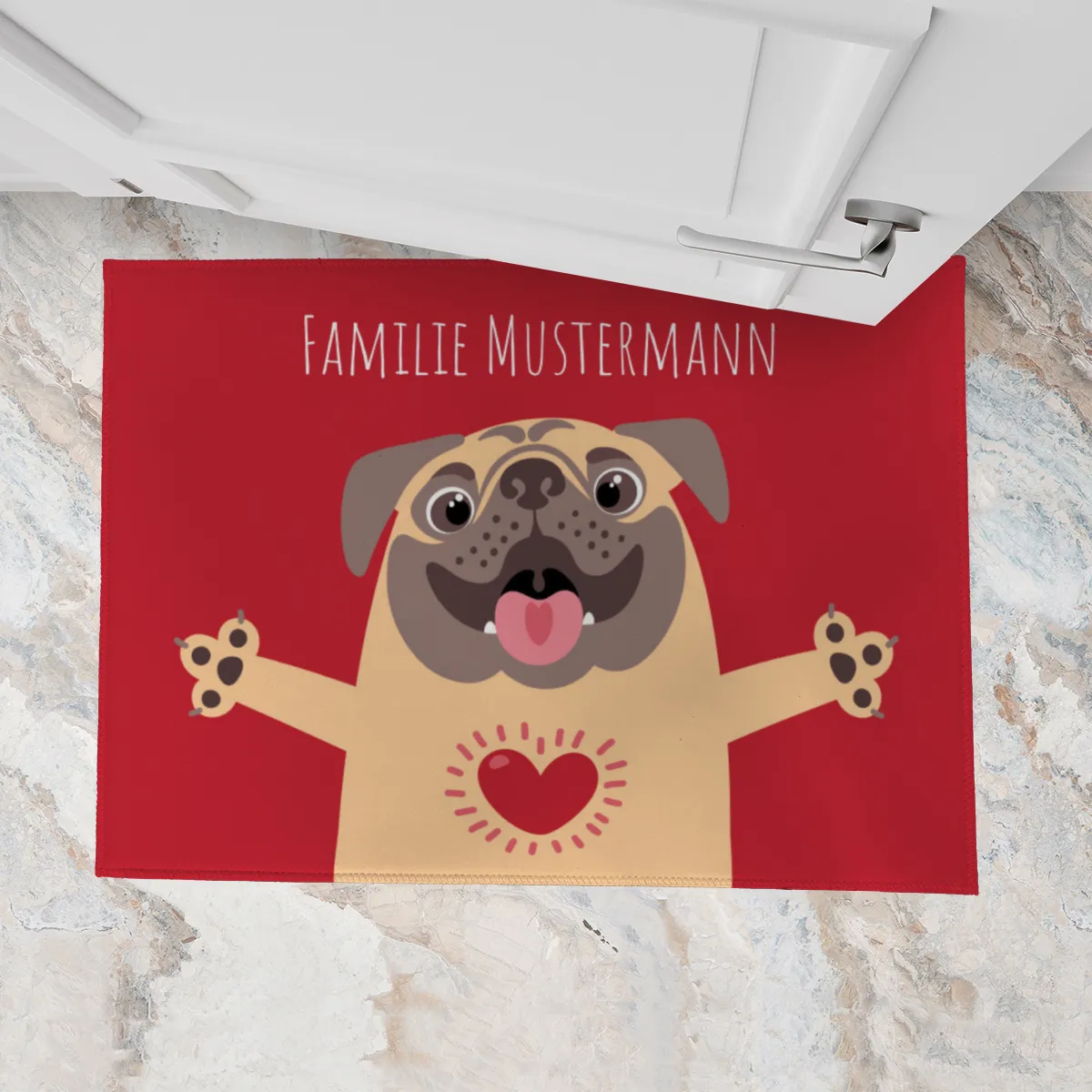 Fußmatte mit Namen personalisierbar - Geschenkidee Einzug, Geburtstag, Richtfest - Fussmatte mit Namen - Motiv Mops 70 x 50 cm