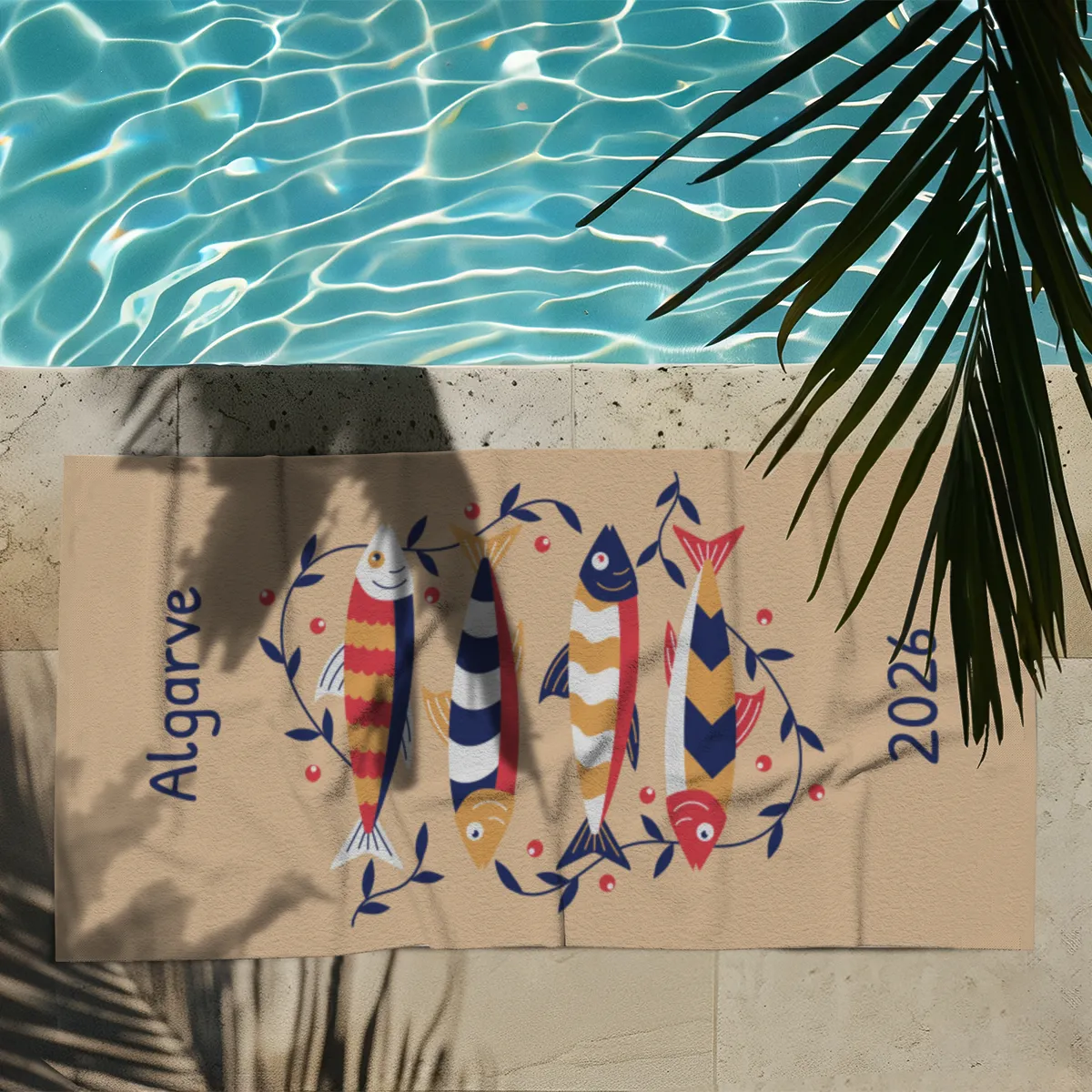Badetuch mit Namen personalisierbar - personalisiertes Namens-Badetuch - Strandtuch mit Wunschtext - Sardinen floral