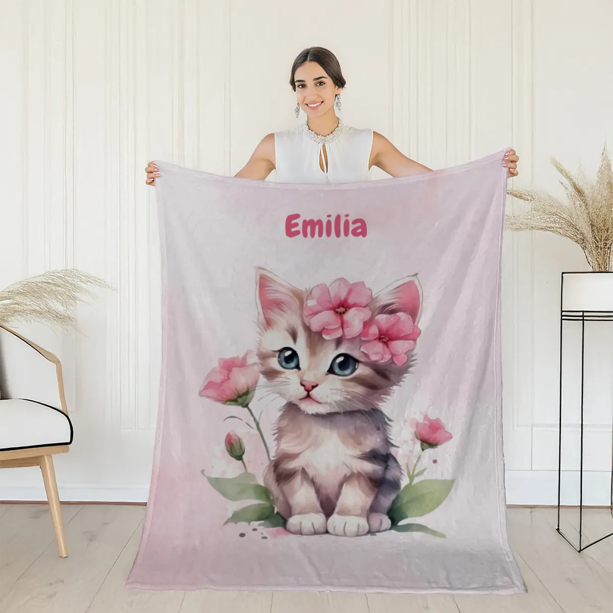Wohndecke mit Namen personalisierbar, Kuscheldecke, Namensdecke mit süßem Kätzchen, Geschenkidee Geburtstag Motiv Katze rosa 140 x 200 cm