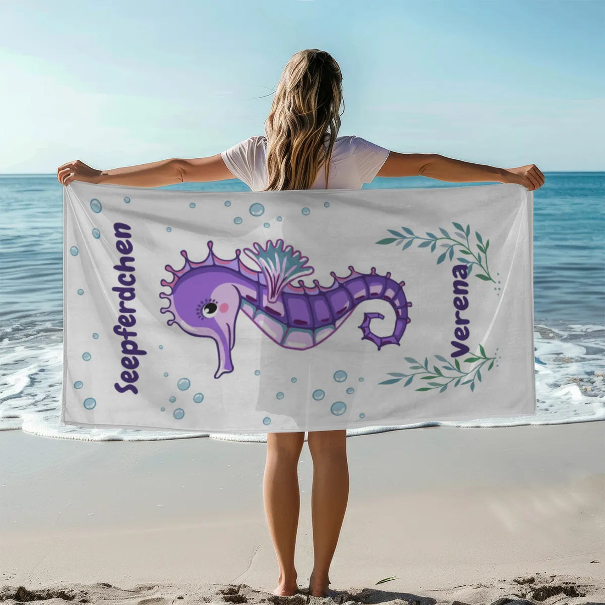 Duschtuch mit Namen personalisierbar - personalisiertes Namens-Duschtuch mit Wunschtext - Seepferdchen blau