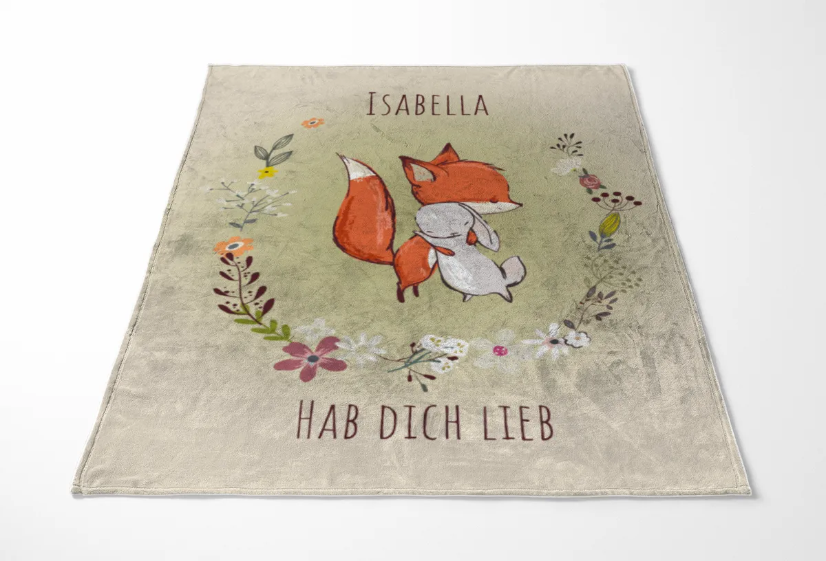 Babydecke mit Namen personalisierbar, Kuscheldecke, Namensdecke mit niedlichem Tiermotiv, Geschenkidee Geburtstag Motiv Fuchs und Hase 75 x 100 cm