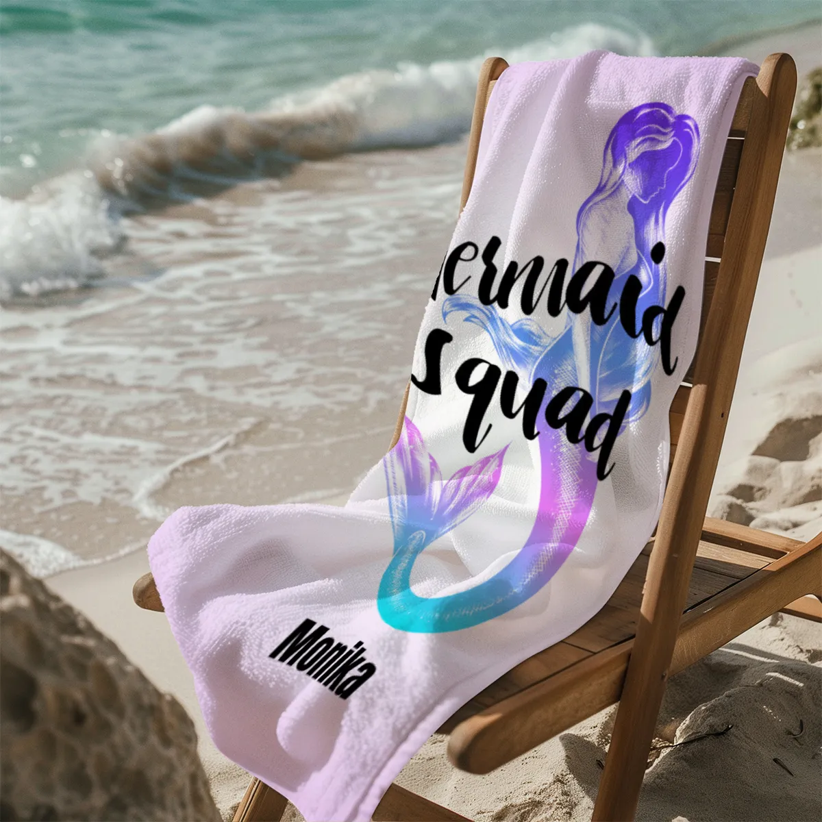 Badetuch Sommer - mit Namen personalisierbar - personalisiertes Namens-Badetuch - Strandtuch mit Wunschtext - Mermaid Squad
