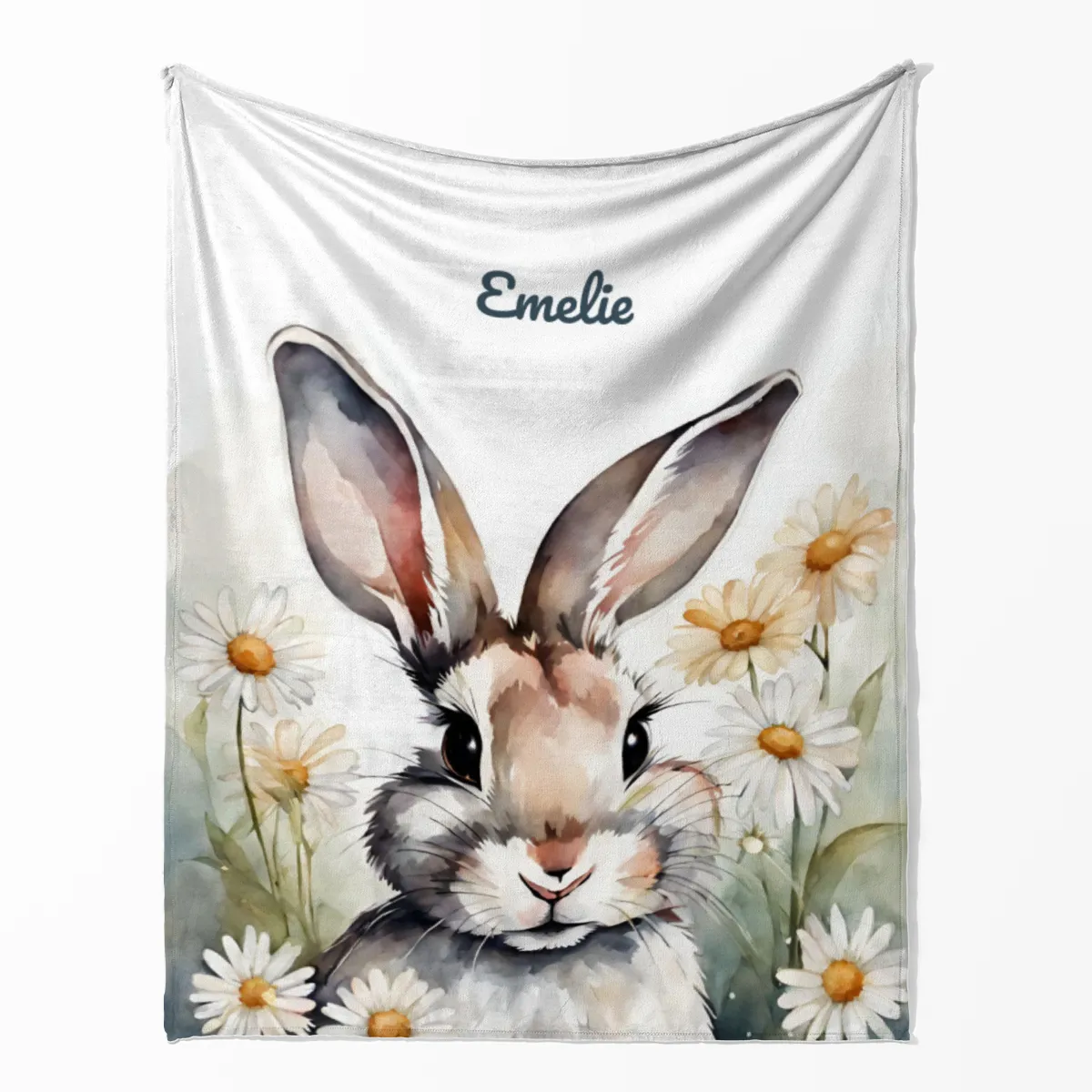 Babydecke mit Namen personalisierbar, Kuscheldecke, Namensdecke mit Häschen, Geschenkidee Geburt Motiv Hase Blümchen 75 x 100 cm