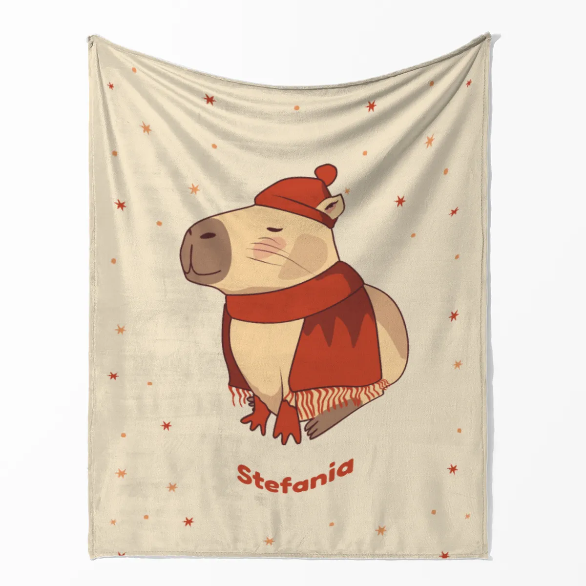 Wohndecke mit Namen personalisierbar, Kuscheldecke, niedliche Namensdecke mit Capybara, Geschenkidee Geburtstag Motiv Capy Wintermütze 140 x 200 cm