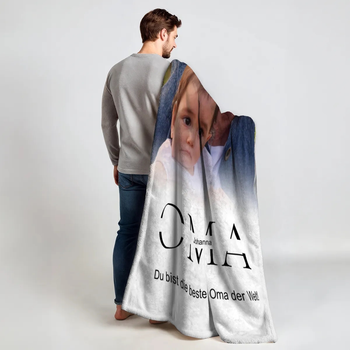 Kuscheldecke Oma 140 x 200 cm - mit Foto und 2 Texten personalisierbar - Fotodecke selbst gestalten - Geschenkidee Muttertag, Geburtstag OMA white