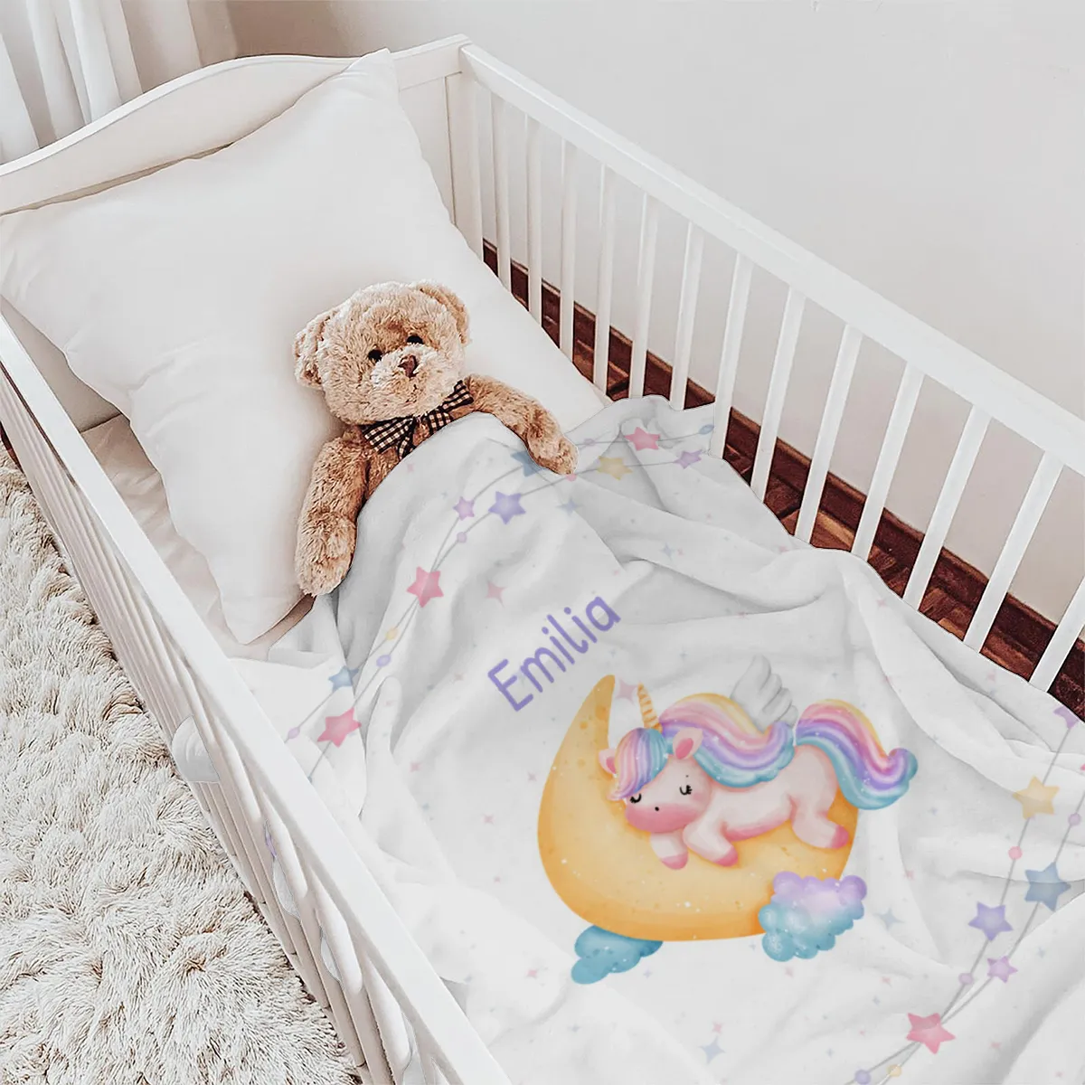Babydecke mit Namen personalisierbar, Kuscheldecke, Namensdecke mit Einhorn, Geschenkidee Geburt Motiv Einhorn 75 x 100 cm