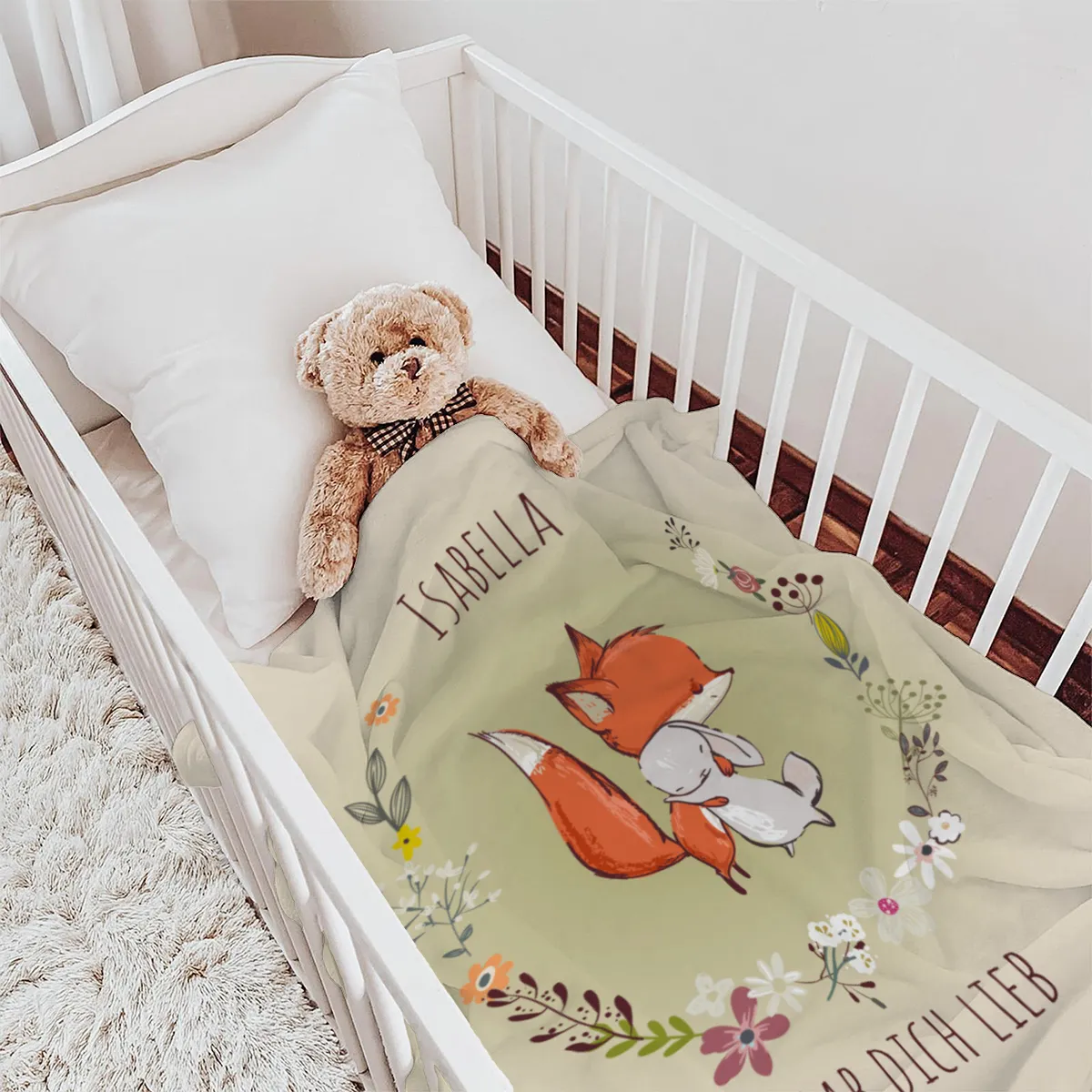 Babydecke mit Namen personalisierbar, Kuscheldecke, Namensdecke mit niedlichem Tiermotiv, Geschenkidee Geburtstag Motiv Fuchs und Hase 75 x 100 cm