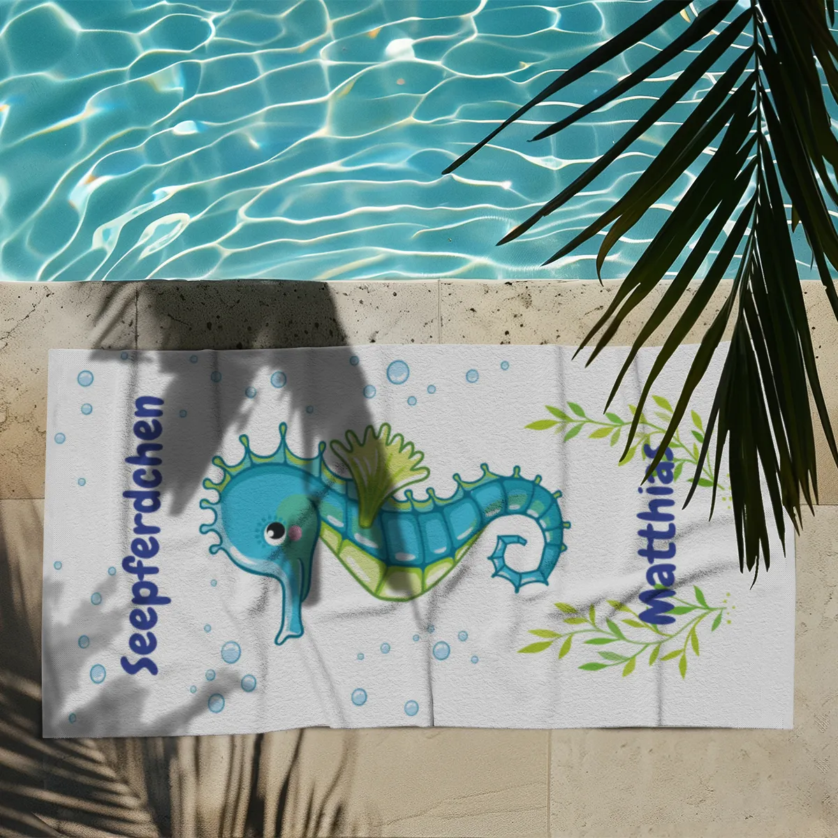 Duschtuch mit Namen personalisierbar - personalisiertes Namens-Duschtuch mit Wunschtext - Seepferdchen blau