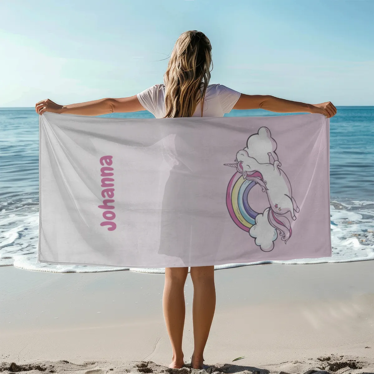Duschtuch mit Namen personalisierbar - personalisiertes Namens-Duschtuch mit Wunschtext - Einhornwolken