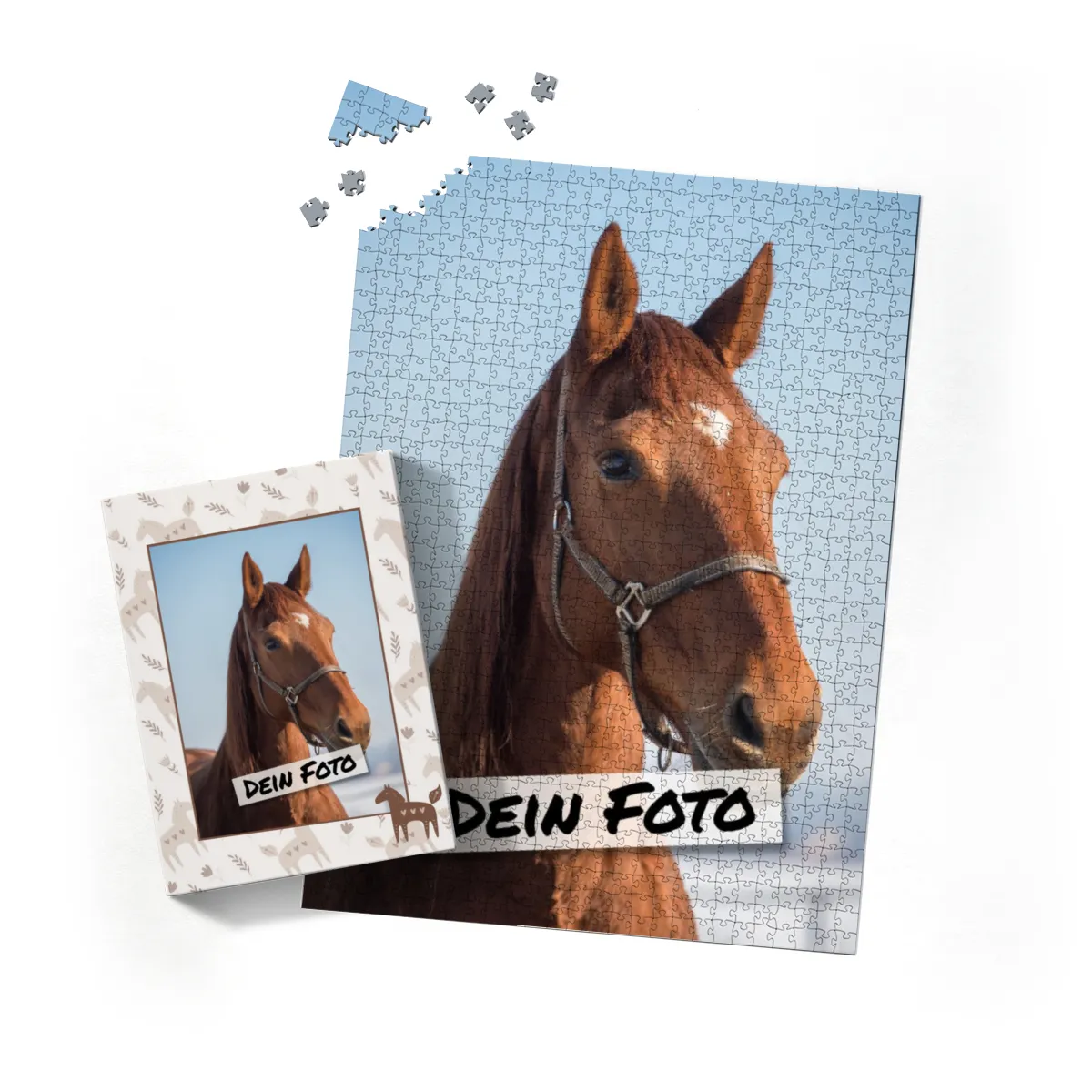Fotopuzzle mit eigenem Bild - Fotopuzzle selbst gestalten 1000 Teile - Schachtel Skandipferde- Puzzle mit Foto personalisiert - Geschenk Geburtstag, Pferdefans Skandipferde 1000 Teile Quer