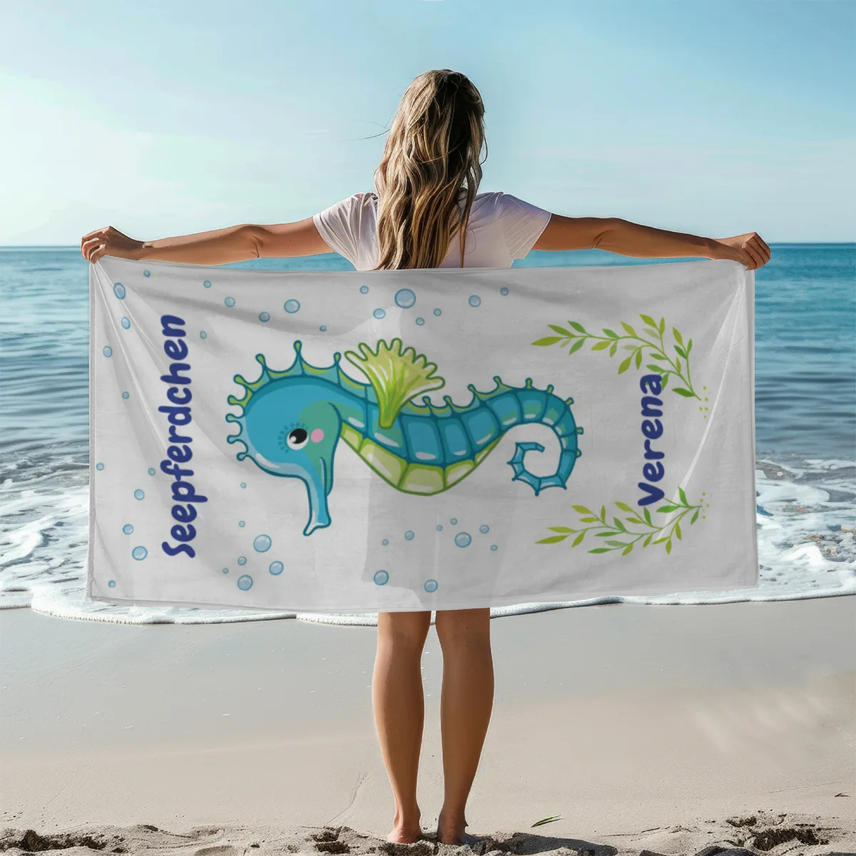 Duschtuch mit Namen personalisierbar - personalisiertes Namens-Duschtuch mit Wunschtext - Seepferdchen blau