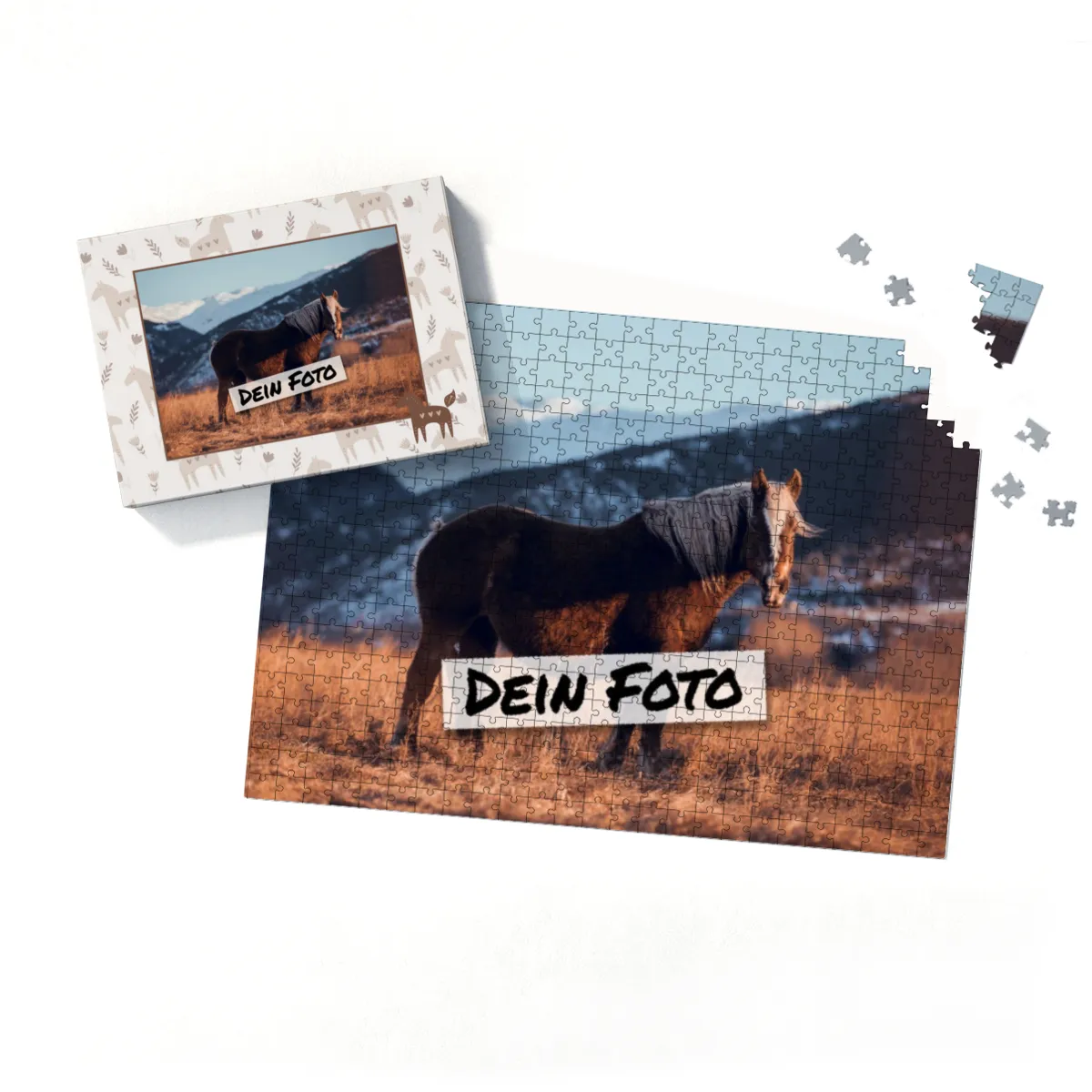 Fotopuzzle mit eigenem Bild - Fotopuzzle selbst gestalten 1000 Teile - Schachtel Skandipferde- Puzzle mit Foto personalisiert - Geschenk Geburtstag, Pferdefans Skandipferde 1000 Teile Quer