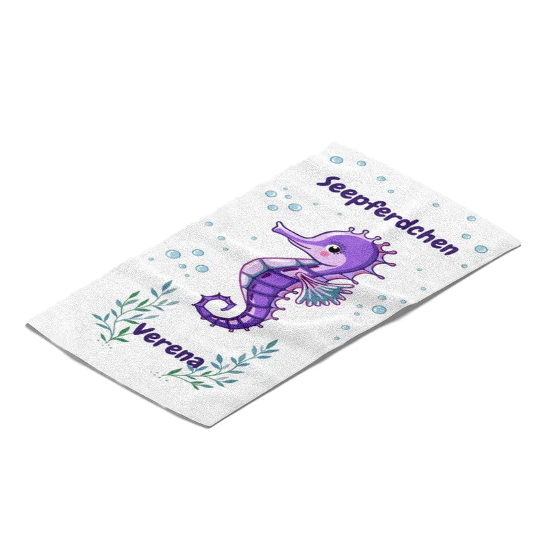 Duschtuch mit Namen personalisierbar - personalisiertes Namens-Duschtuch mit Wunschtext - Seepferdchen blau