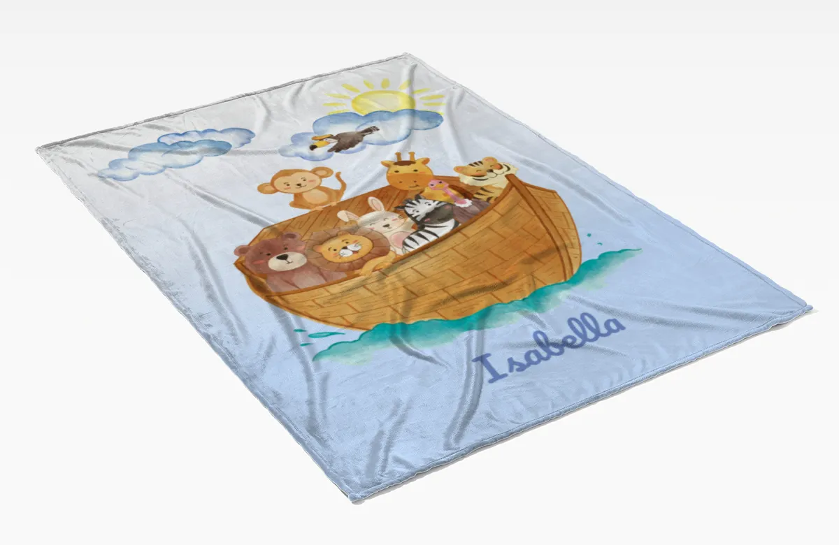 Wohndecke mit Namen personalisierbar, Kuscheldecke, Namensdecke mit niedlichem Tiermotiv, Geschenkidee Geburtstag Motiv Tiere Arche 140 x 200 cm