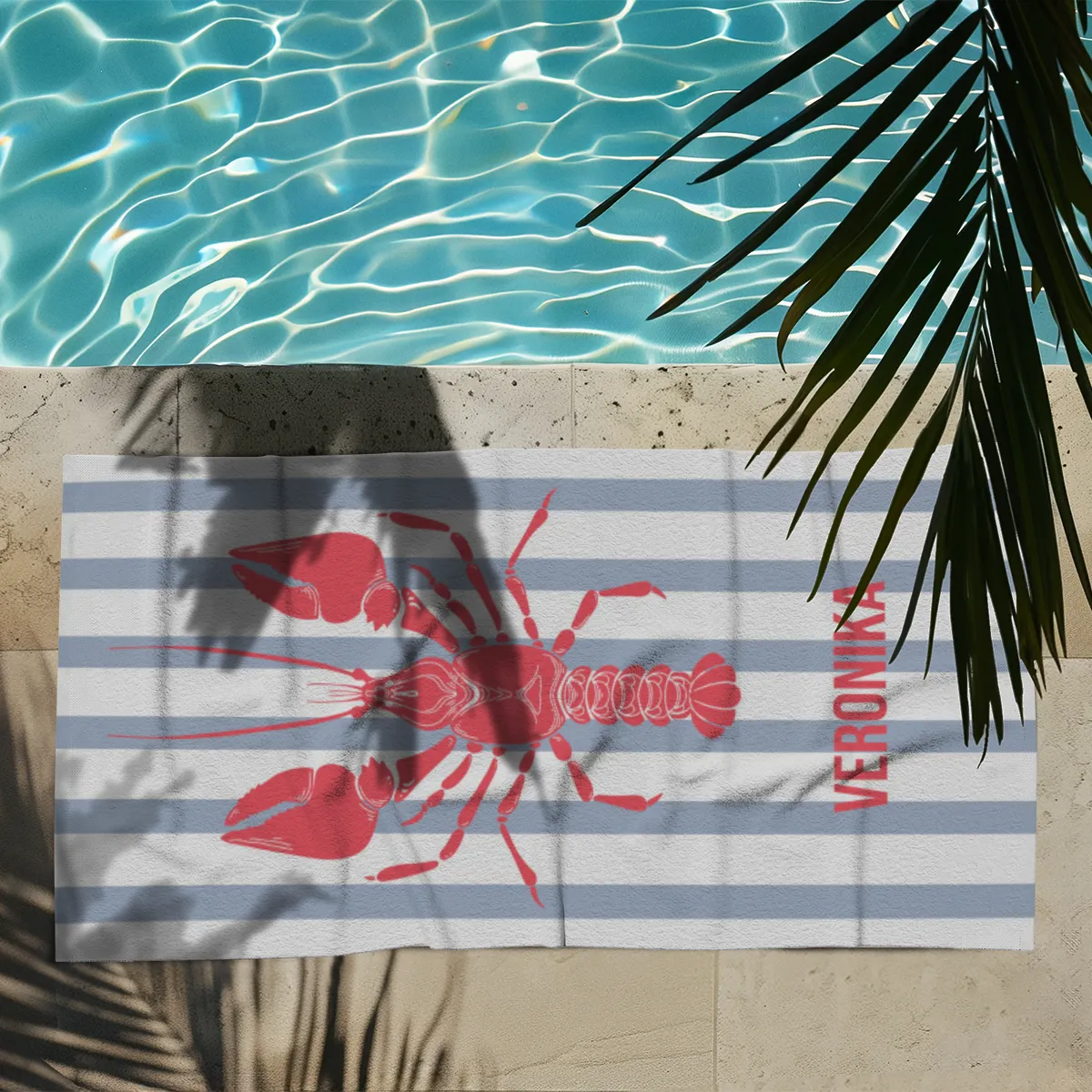 Badetuch blau gestreift mit Hummer - mit Namen personalisierbar - personalisiertes Namens-Badetuch - Strandtuch mit Wunschtext - Lobster blau