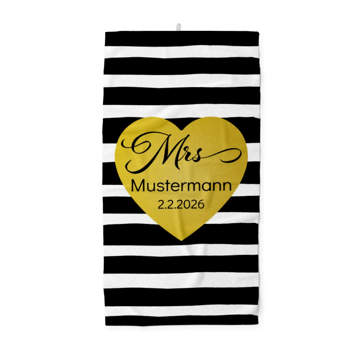 Badetuch mit Namen personalisierbar - personalisiertes Namens-Badetuch - Strandtuch mit Wunschtext - Geschenkidee Hochzeit, Paar - Motiv Misses Heart Stripes