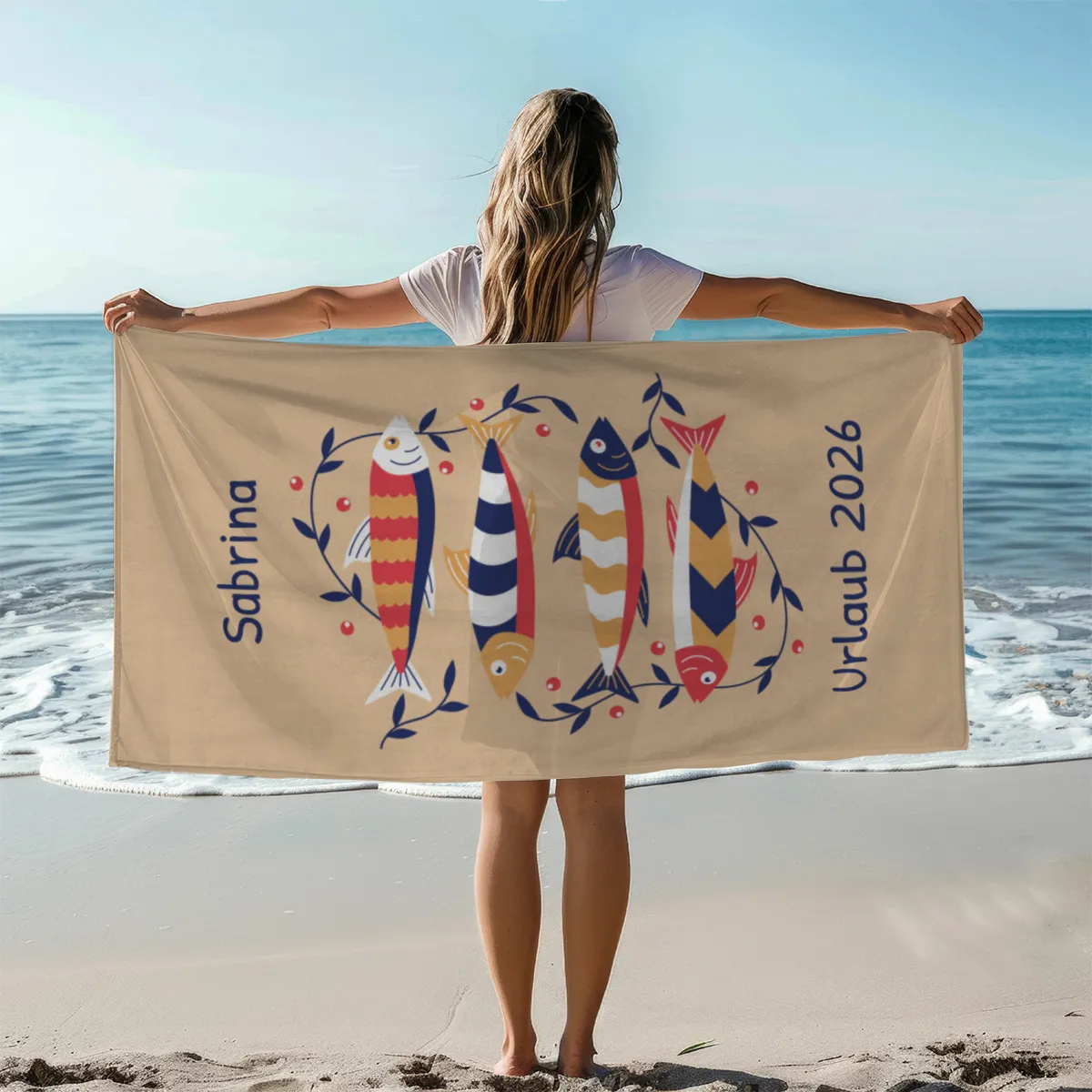 Badetuch mit Namen personalisierbar - personalisiertes Namens-Badetuch - Strandtuch mit Wunschtext - Sardinen floral